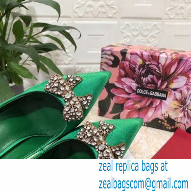 Dolce  &  Gabbana Heel 10.5cm Satin Pumps Green with Crystal Bow 2021